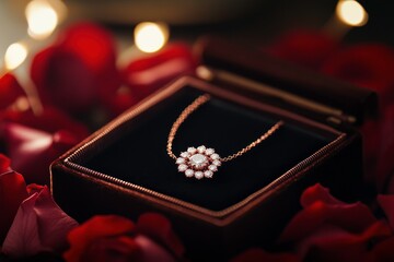 Poster - Elegant Rose Gold Necklace on Velvet with Petals