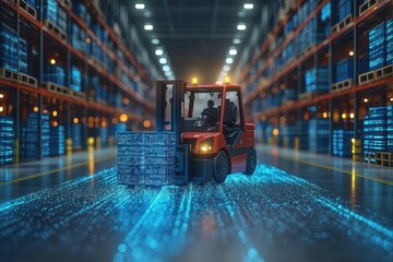 Poster - A Red Forklift Moving Through a Warehouse with Blue Digital Data Streaming Behind It