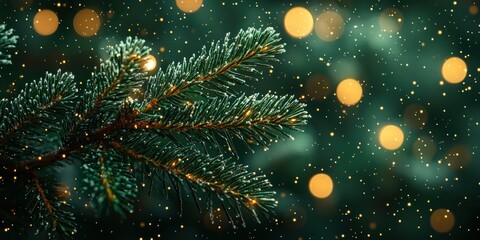 Poster - Close-up of a Pine Branch with Golden Lights and a Glittering Background