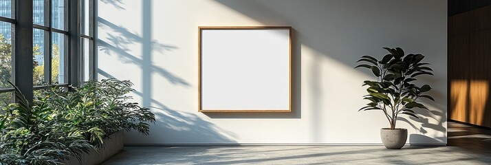 Poster - Blank Canvas in Minimalist Interior with Sunlight and Plants