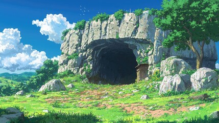 Wall Mural - A large cave opening in a cliff with green grass, trees, and a small building in front.