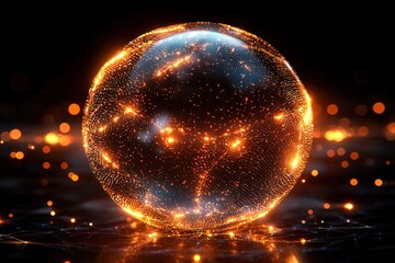 Poster - Glowing Orange Sphere with Particle Trails on a Black Background