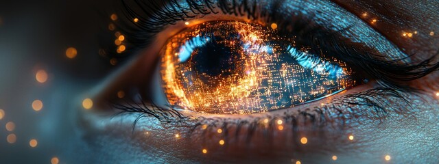 Poster - A Close-Up of an Eye with a Cityscape Reflected in Its Pupil