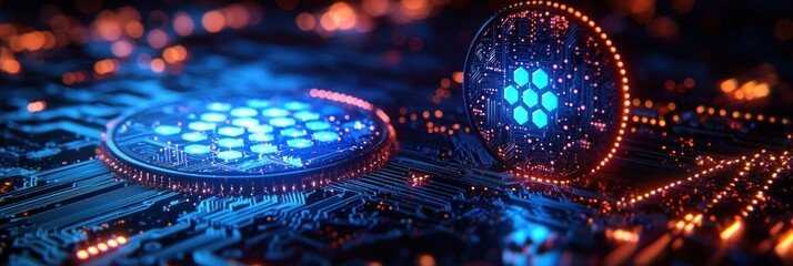 Aufkleber - Glowing Circuit Board with Blue and Orange Lights