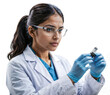 © Eduardo Accorinti - Young female Indian scientist wearing lab coat and goggles doing scientific research, woman holding test tube, examining medical sample or doing experiment, isolated on white or transparent background