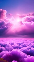 Fototapete - A beautiful landscape of pink blue and violet clouds with a bright shining sun in the middle 4K vertical