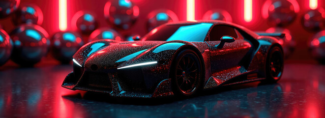 A sleek sports car shines under neon lights, showcasing its intricate design and shimmering surface in a futuristic urban setting