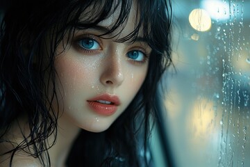 Poster - Portrait of a Woman with Wet Hair and Blue Eyes, Looking Through a Window