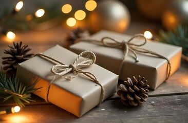 Gift boxes wrapped in craft paper, surrounded by festive New Year decorations with orange slices, cinnamon sticks, and pine cones on a light background. Minimalist style, emphasizing the cozy, handmad