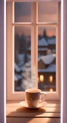 Wall Mural - A steaming cup of coffee sits on a snowy windowsill The warm glow of the lights outside creates a cozy atmosphere 4K vertical