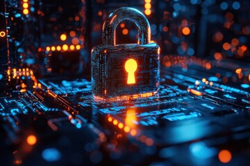 Poster - A glowing digital padlock on a circuit board with blue and orange lights.