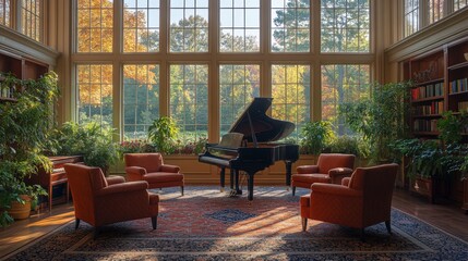 Poster - A spacious room bathed in warm sunlight showcases a grand piano next to four plush armchairs. Green plants add a touch of nature, reflecting the vibrant autumn hues outside.