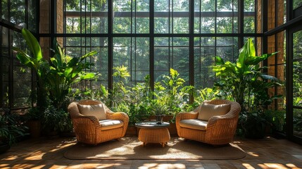Poster - A welcoming seating arrangement featuring two wicker chairs and a small table, surrounded by vibrant plants in a sunlit glass room, creating a serene atmosphere.