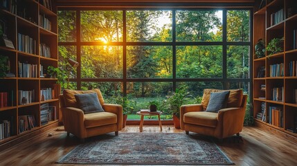 Aufkleber - A warm reading area features two comfortable chairs and a small table, framed by large windows showcasing a stunning sunset and vibrant nature.