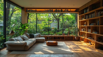 Leinwandbilder - A modern living room features a spacious, comfortable sofa and wooden shelves filled with books. Large windows bring sunlight and views of a lush garden indoors, creating a peaceful atmosphere.