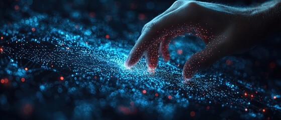 Aufkleber - Human Hand Interacting with a Digital Network of Glowing Blue and Red Lines