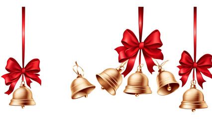 A set of golden jingle bells with small red bows on top, arranged in a balanced, festive pattern. Transparent background.