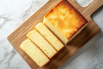 Wall Mural - Close up of sliced Madeira cake on a wooden board viewed from above