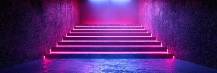 Poster - Neon-Lit Concrete Staircase with Purple and Blue Walls