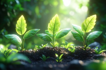 Aufkleber - Three Young Plants Emerging From Soil In Sunlight