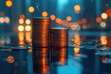 Poster - Coin Stacks Reflecting in Water with Rain and Bokeh Lights