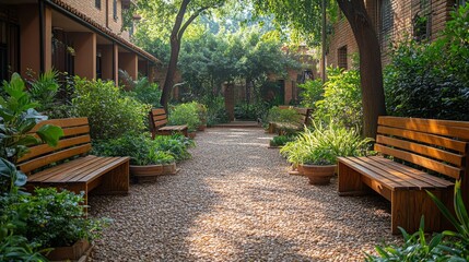 Aufkleber - A serene pathway in a garden features wooden benches and abundant greenery, creating a tranquil atmosphere perfect for relaxation and reflection.