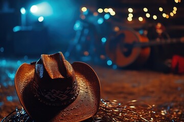 Wall Mural - Cowboy hat and boots at a country music festival or rodeo in a barn setting