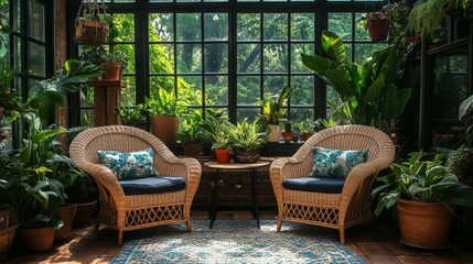 Poster - A charming seating arrangement featuring two woven chairs and a small table, surrounded by an array of vibrant plants in a greenhouse filled with natural light.