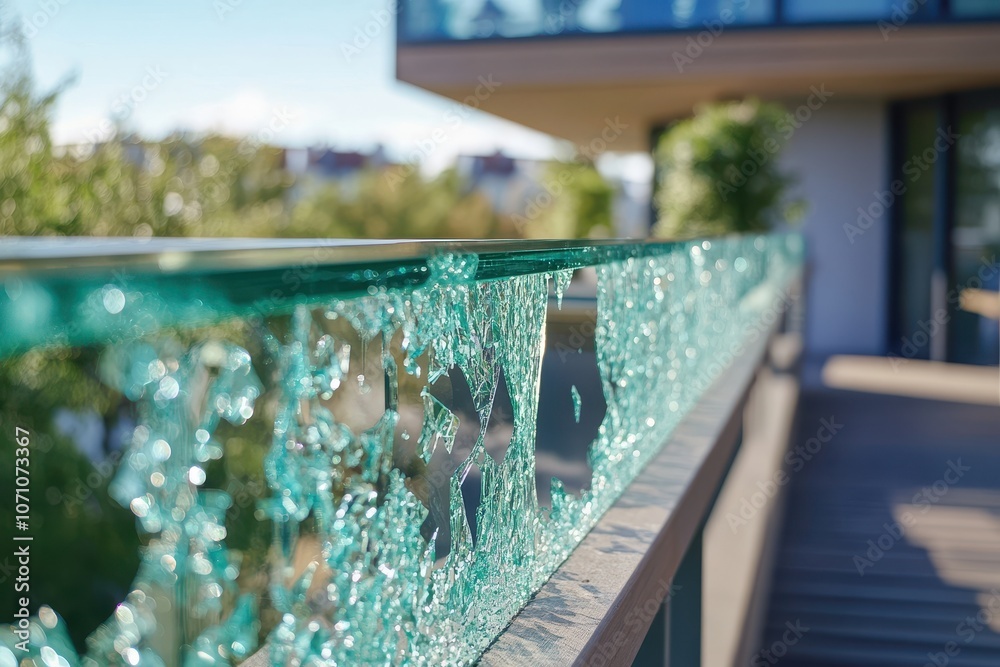 Damaged glass railing and guardrail on office terrace with emphasis on ...