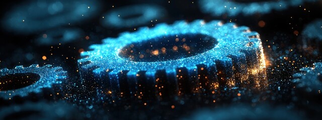 Poster - Glowing Blue Gear with Orange Sparkles