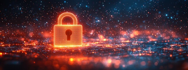 Fototapete - Glowing Orange Padlock Symbol on a Dark Surface with Scattered Red and Blue Lights