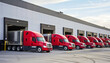 © Людмила Мазур - Row of red semi trucks are parked in a lot. The trucks are all the same color and are parked in a row