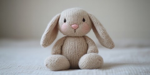 Handcrafted Knitted Bunny Toy Sitting on a Soft, Neutral Background, Perfect for Children's Play or Nursery Decor, Highlighting Its Delicate Features and Charming Expression