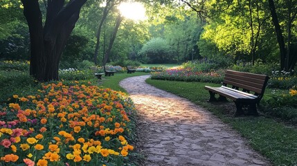 Aufkleber - A peaceful path winds through a vibrant garden filled with blooming flowers of various colors. Benches invite visitors to relax in the warm afternoon sunlight.
