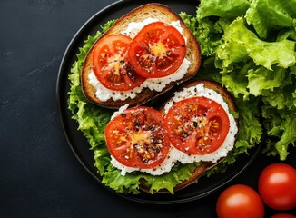 Poster - Healthy Italian toast ricotta bruschetta and lettuce salad aerial view