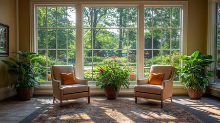 Leinwandbilder - a cozy sitting space features two stylish chairs with orange cushions and vibrant plants near expans