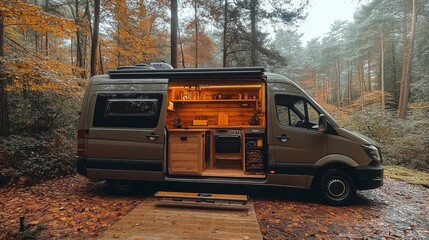 Poster - A camper van is parked in a tranquil forest surrounded by vibrant autumn foliage. The open door reveals a beautifully designed interior with wooden accents, creating a warm atmosphere.