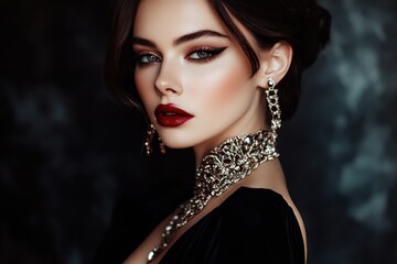 Wall Mural - Image of an attractive woman in an elegant outfit adorned with accessories and makeup