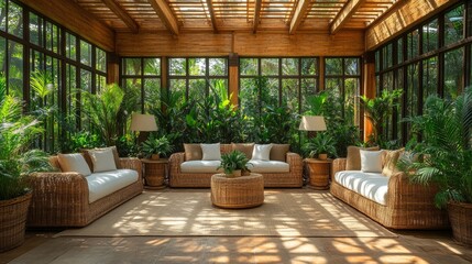 Fototapete - This peaceful lounge showcases comfortable wicker seating surrounded by lush plants, creating a serene atmosphere perfect for relaxation. Natural light floods the space, enhancing the tranquility.