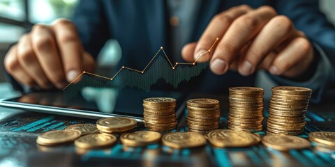 Poster - Hand Gesturing Upward Trend With Golden Coins and a Stock Chart