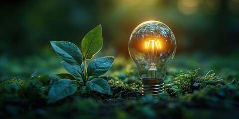 Poster - A Lit Light Bulb Among Greenery in a Forest Setting