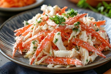 Wall Mural - Kani salad is a Japanese crab salad featuring thin crab sticks crisp julienned vegetables and spicy mayo presented on a plate Vertical top view