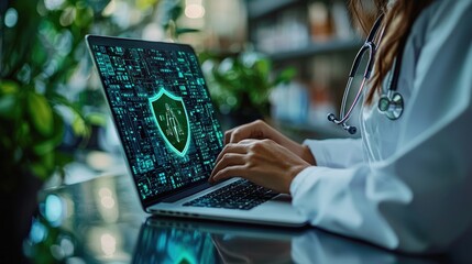 Poster - Doctor Working on Laptop with Cybersecurity Shield Icon