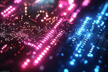 Poster - Closeup of a Circuit Board with Glowing Pink and Blue Lights