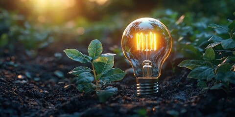 Fototapete - A Glowing Light Bulb Emerging from the Earth Surrounded by Green Foliage