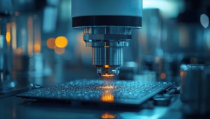 Aufkleber - Close-up of a Microscope Lens Focused on a Circuit Board with Sparkles