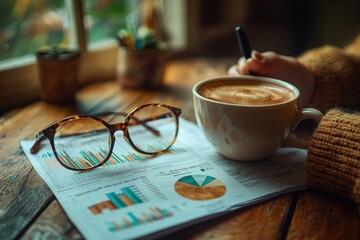 Poster - A Cup of Coffee, Glasses, and Financial Documents on a Wooden Table