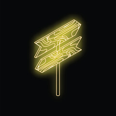 Poster - Glowing neon signpost with wood texture pointing in two different directions on a black background