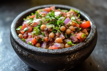 Wall Mural - Protein rich boiled black chickpea salad with tomatoes onion chives and coriander Suitable for weight loss