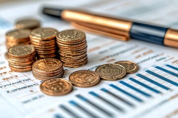 Aufkleber - Gold Bitcoin Coins Stacked on a Financial Chart with a Pen